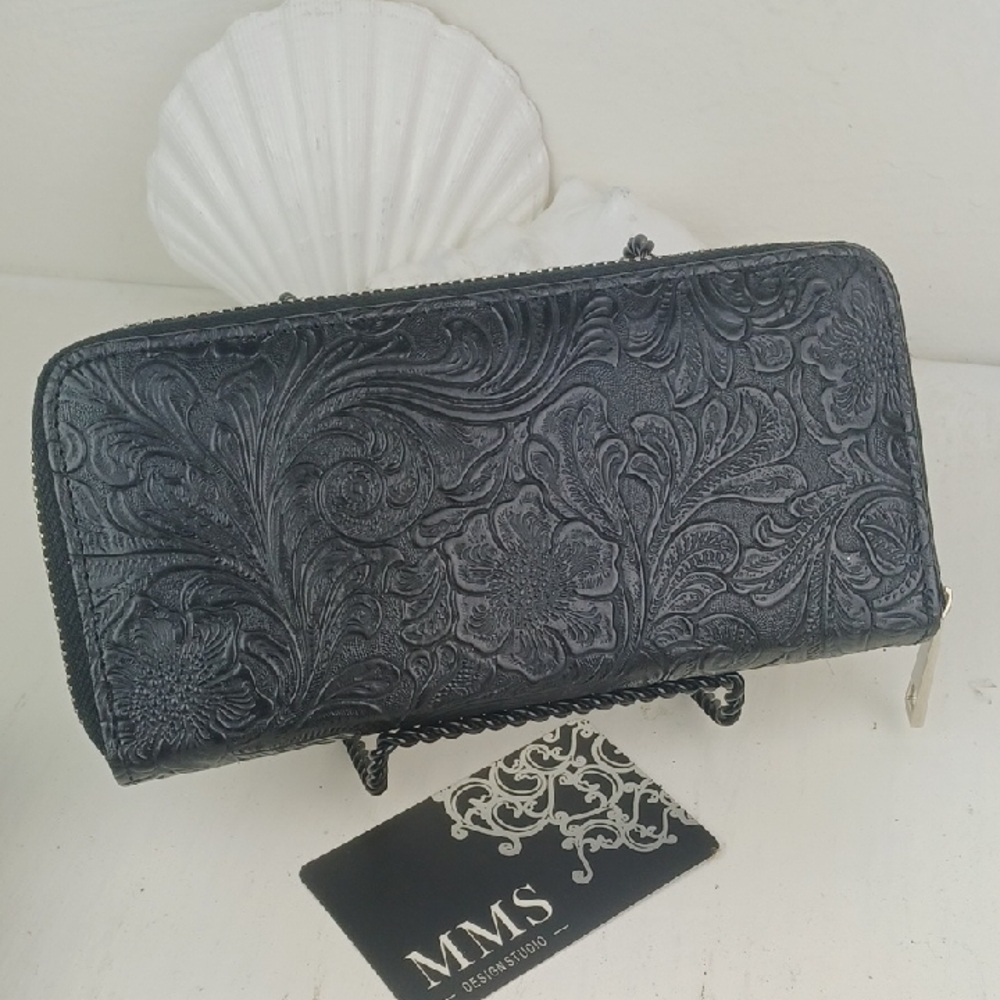 MMS Design Studio Black Floral Embossed Zip Around Wallet Clutch NWT